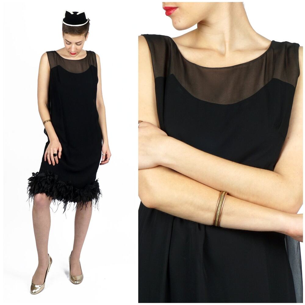 Vintage 1960s LBD Black Shift Dress Ostrich Feather Fringe by Emma Domb | S/M